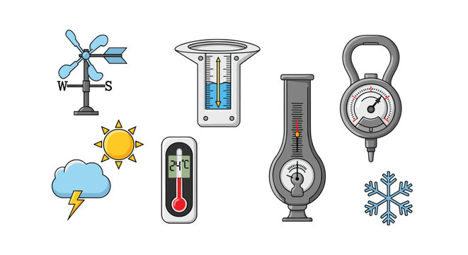 A collection of weather instruments, including a weathervane, thermometer, rain gauge, barometer, and hygrometer, are displayed alongside weather icons.