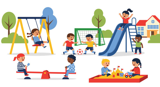 Eight diverse children play joyfully on a colorful playground featuring a swing, slide, seesaw, soccer goal, and sandbox.