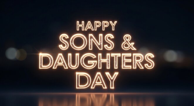 Illustration of happy sons and daughters day neon sign on dark background with reflection