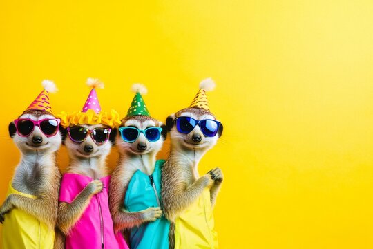 Meerkats celebrate in stylish outfits for a birthday party invitation banner