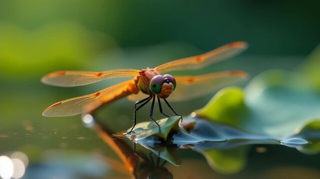 Video A dragonfly sits on top of a leaf floating in calm water