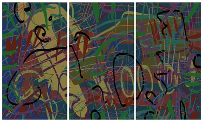 Obraz premium Modern interior triptych. The picture is painted by hand on a tablet.