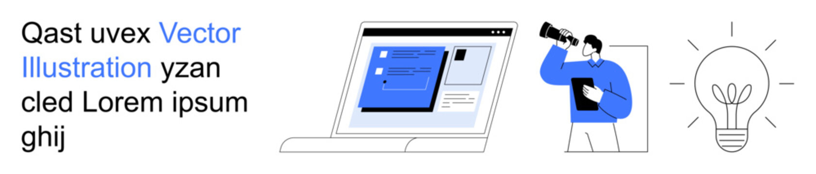 Business teamwork, brainstorming, technology solutions, creativity, online collaboration, innovation. A laptop, a person with a telescope and a lightbulb illustration. Online collaboration