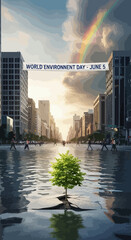 Obraz premium World Environment Day banner above flooded street, green tree from pavement crack. This powerful World Environment Day image conveys urban nature resilience and environmental protection.