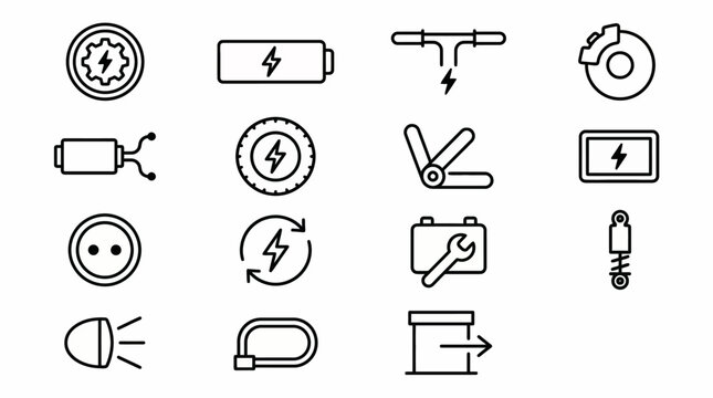 Ultra-minimalist line-style web icons for electric scooter and e-bike repair services. Motors, batteries, disc brakes, and charging symbols collection. Clean vector illustration for micro-mobility app