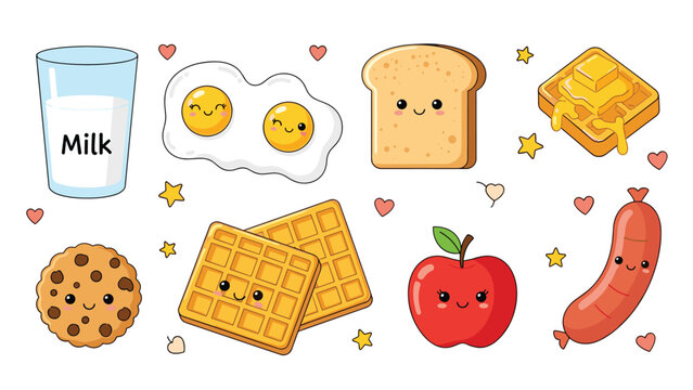Variety of cute breakfast food items with smiling faces including a glass of milk, eggs, toast, waffles, apple, and a sausage.