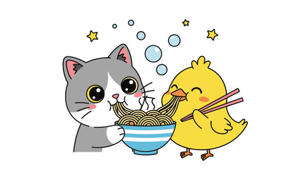 Obraz premium Cute gray cat and a yellow chick sharing a bowl of steaming noodles with chopsticks surrounded by stars and bubbles.