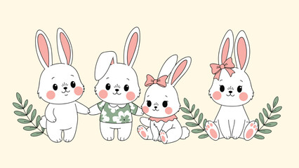 Fototapeta premium Set of four adorable white bunny characters in different outfits and poses standing together among green leaves on a cream background.