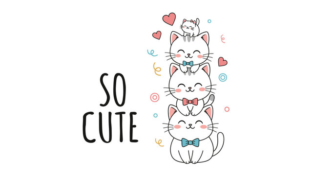Vertical stack of three cute white kittens wearing different colored bows with hearts and streamers around them and so cute text.