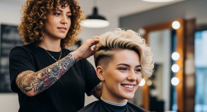 Happy young woman receiving a trendy new haircut from a professional stylist in a modern salon