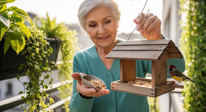 Content Senior Woman Refilling a Wooden Bird Feeder with Seeds on Her Balcony, Enjoying a Peaceful Hobby in Golden Hour Sunlight.
