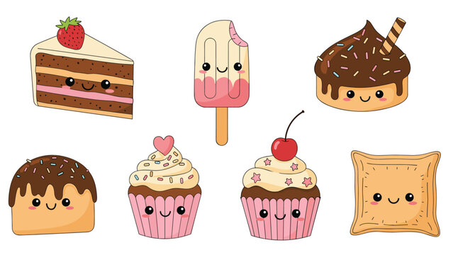 Collection of cute dessert characters with smiling faces including cake, popsicle, cupcakes, and a square pastry on white.