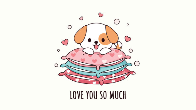 Adorable puppy sitting on a stack of colorful pillows with hearts and bubbles expressing love you so much message.