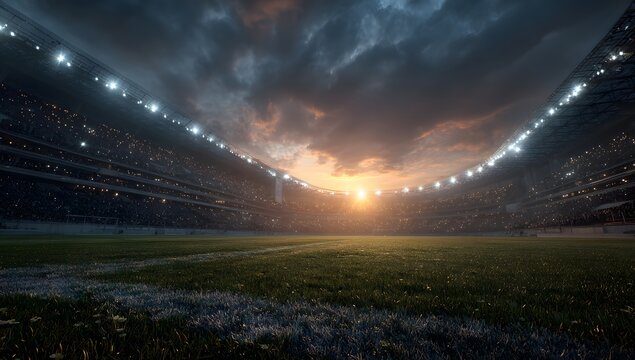 A grand sports stadium field illuminated by powerful stadium lights under a dramatic cloudy sky at sunset creating an atmospheric and epic mood ready for a major competition