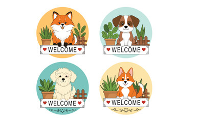Fototapeta premium Set of cute welcome signs featuring various dog breeds sitting behind a wooden fence with potted plants and green foliage.