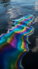 Fototapeta premium A vibrant oil slick on water's surface, reflecting diverse colors, creating a visually striking abstract pattern