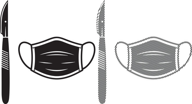 Three different types of face masks paired with paintbrushes in black and white illustration