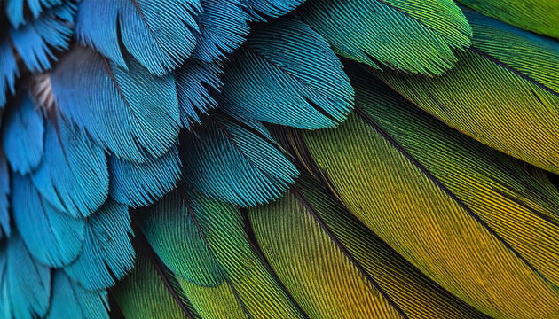 Close up of vibrant blue and green feathers with intricate textures and details