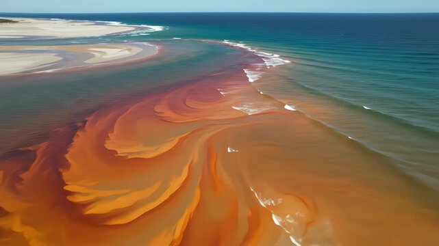 Aerial view of a coastal estuary where dark brown tannin-stained river water meets the blue ocean, creating beautiful abstract swirling patterns over the white sandbars and shallow beach