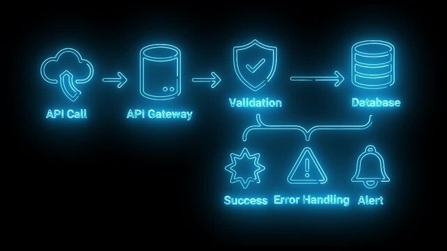 Neon-lit diagram illustrating API call process with icons and steps on a black background with a futuristic mood.