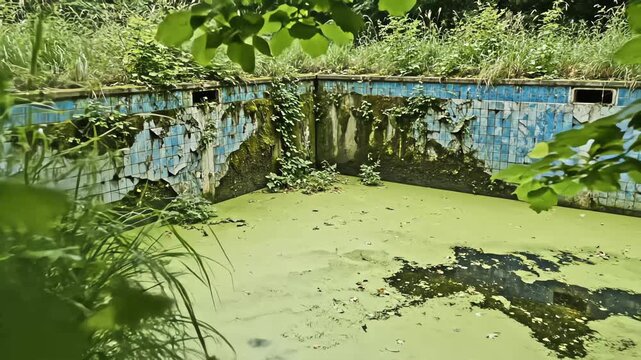 Abandoned outdoor swimming pool overgrown with plants and filled with stagnant green water covered in thick algae