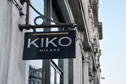 London, United Kingdom - May 20, 2023: KIKO sign on one of their shops at Regent Street. It is Italian makeup and skincare products brand founded in 1997 with over 1000 stores worldwide