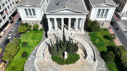 Obraz premium Aerial drone photo of iconic historic neoclassic building of Library of Athens next to University, Athens, Attica, Greece