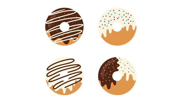 Four tasty donuts with different sweet toppings including chocolate glaze, colorful sprinkles, and white icing swirls.