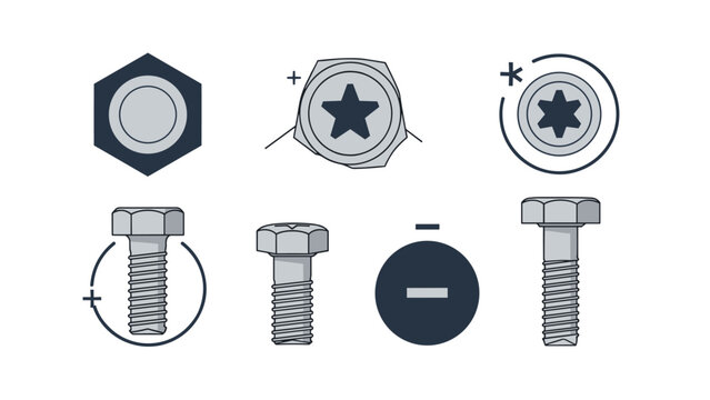 Collection of metal bolts and various screw heads from different perspectives including top and side views for hardware needs.