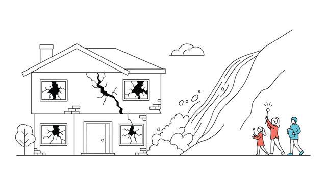 Dramatic illustration of a house being damaged by a landslide or mudflow while a family flees to safety during a disaster.