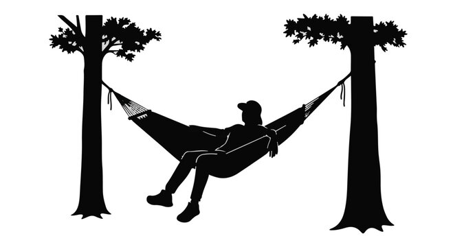 Relaxing man silhouette in hammock between trees in forest outdoors at daytime leisure moment