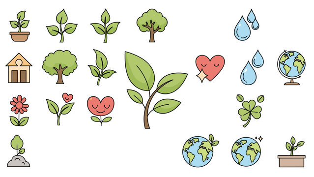 Diverse collection of nature and ecology icons including leaves, trees, water drops, hearts, and globe symbols for environmental design.