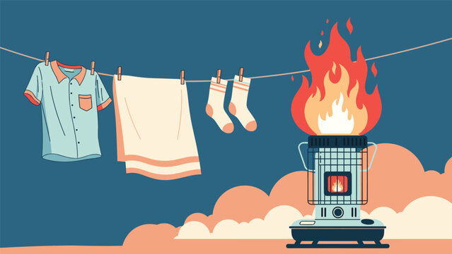 Dangerous situation showing clothes hanging on a wire directly above an open flame from a kerosene heater in a dark blue room.