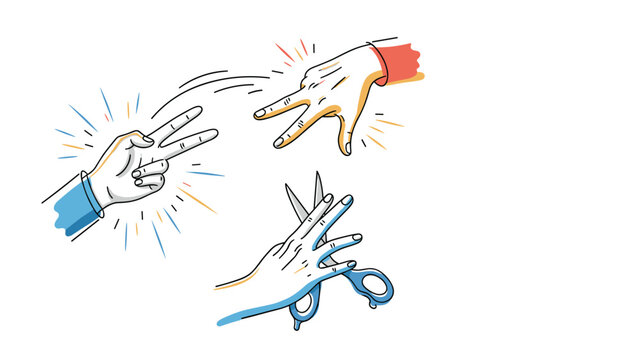 Illustrated hands showing rock, paper, and scissors gestures in a dynamic composition for a classic hand game competition.