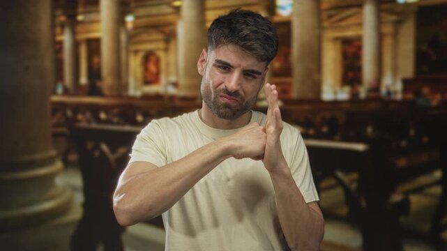 Man quietly presses his palm with the opposite fist amid rows of wooden pews in a church building; contemplation.