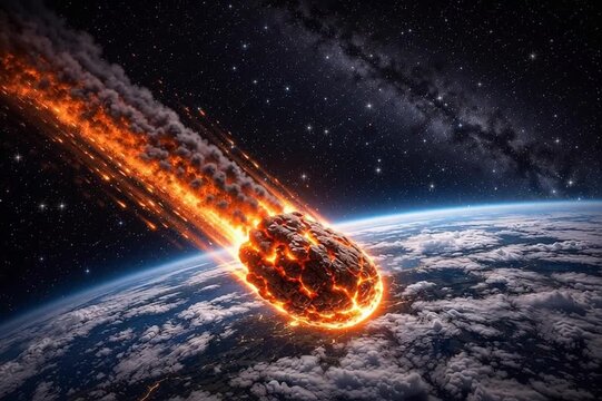 Fiery meteorite approaching Earth from deep space with a fiery trail, illuminated atmosphere, spectacular orbital view, imminent impact, dramatic cosmic scene