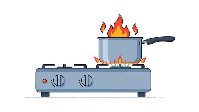 Metal cooking pot on a gas stove with a large orange fire coming out from under the lid indicating a dangerous kitchen fire.