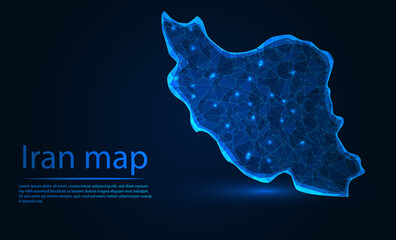 Iran map with glowing blue polygonal mesh on a dark background, symbolizing digital transformation and global connectivity. © Polygonal