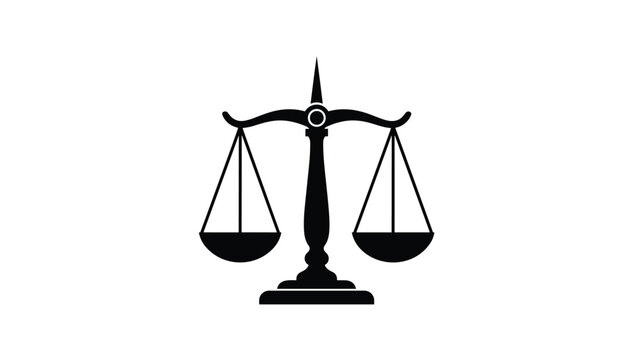 Solid black silhouette of a classic balance scale on a white background representing justice, law, and the weighing of evidence in a court of law.