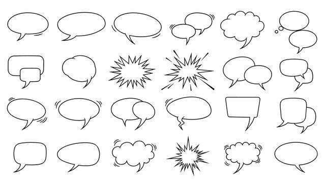 Set of hand-drawn comic style speech bubbles and explosive bursts for manga or illustration projects in black and white.