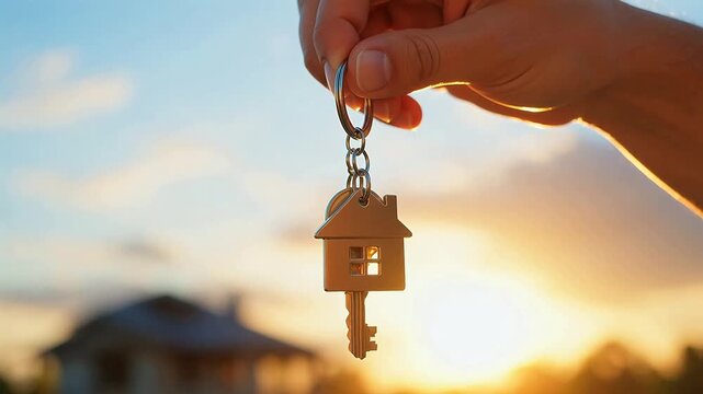 Hand holding house key at sunset