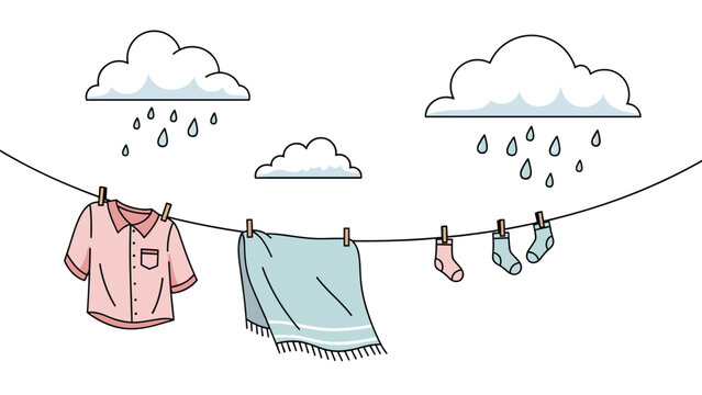 Wet clothes and laundry hanging on a line while rain drops fall from grey clouds representing an unfortunate weather day for drying garments.