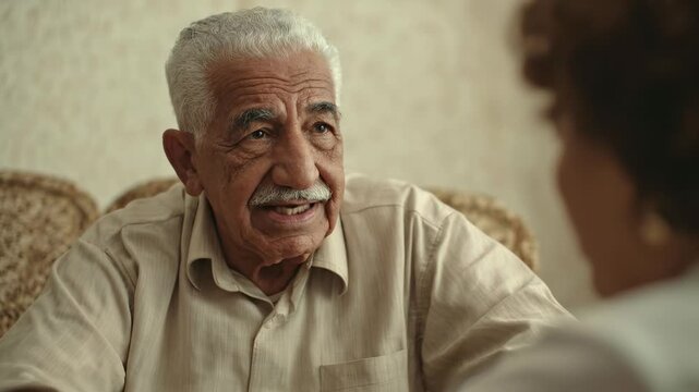 Thoughtful elderly Arab man converses with someone off-camera. He gestures while speaking, sharing wisdom. Intimate moment, connection, storytelling. Authentic portrait of older generation, heritage.