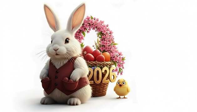 Easter rabbit wearing vest standing near basket with colored egg and flower decorated with number 2026. Little chicken beside festive basket. Spring holiday greeting card composition.