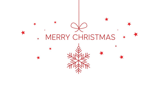 Minimalist merry christmas greeting card design with a red snowflake hanging from a string with stars on white background.