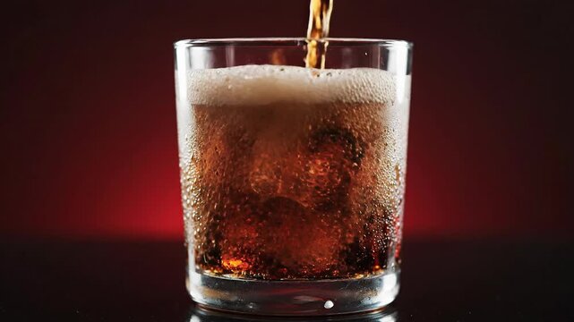 Pouring Refreshing Cola Over Ice Cubes in a Glass with Bubbles and Foam