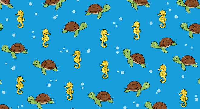 Seamless underwater pattern with cute cartoon turtles and seahorses swimming among bubbles on a blue background.