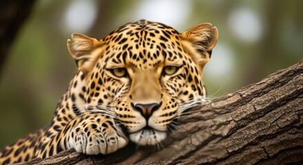 Naklejka premium A leopard resting on a tree branch in the wild