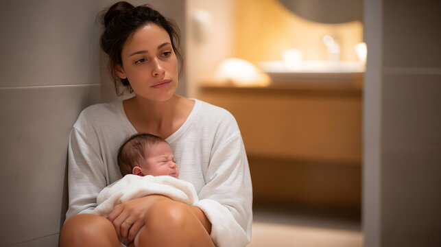 New mother sits on bathroom floor tiles at 3am, holding crying newborn, exhausted expression mixed with determination, postpartum reality and maternal mental health, perfect for healthcare