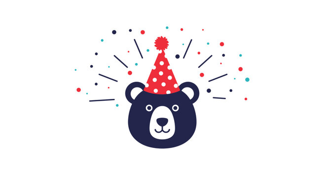 Cute black bear head wearing a red polka dot party hat surrounded by colorful confetti in a celebration illustration.